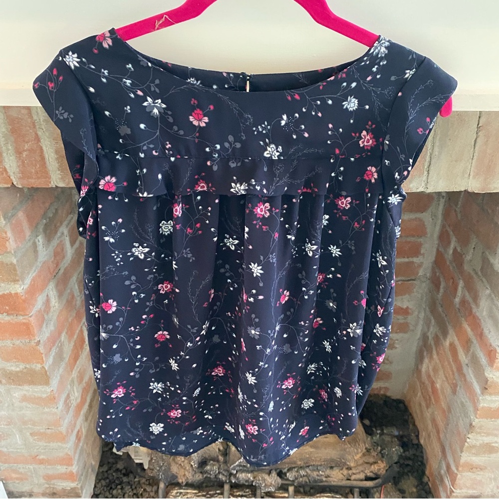 Loft Womens Navy Dark Academia Floral Cap Sleeve Petite Small Preppy Business